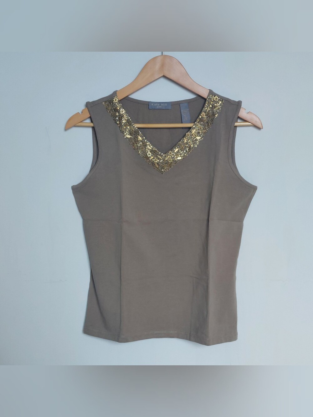 Kate Hill Petite Embellished V Neck Tank Top PM Taupe Gold